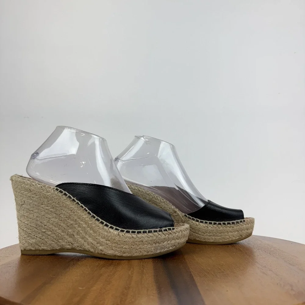 Womens Andre Assous Catarina‎ Black Leather Espadrille Platform Wedges Size 8 M